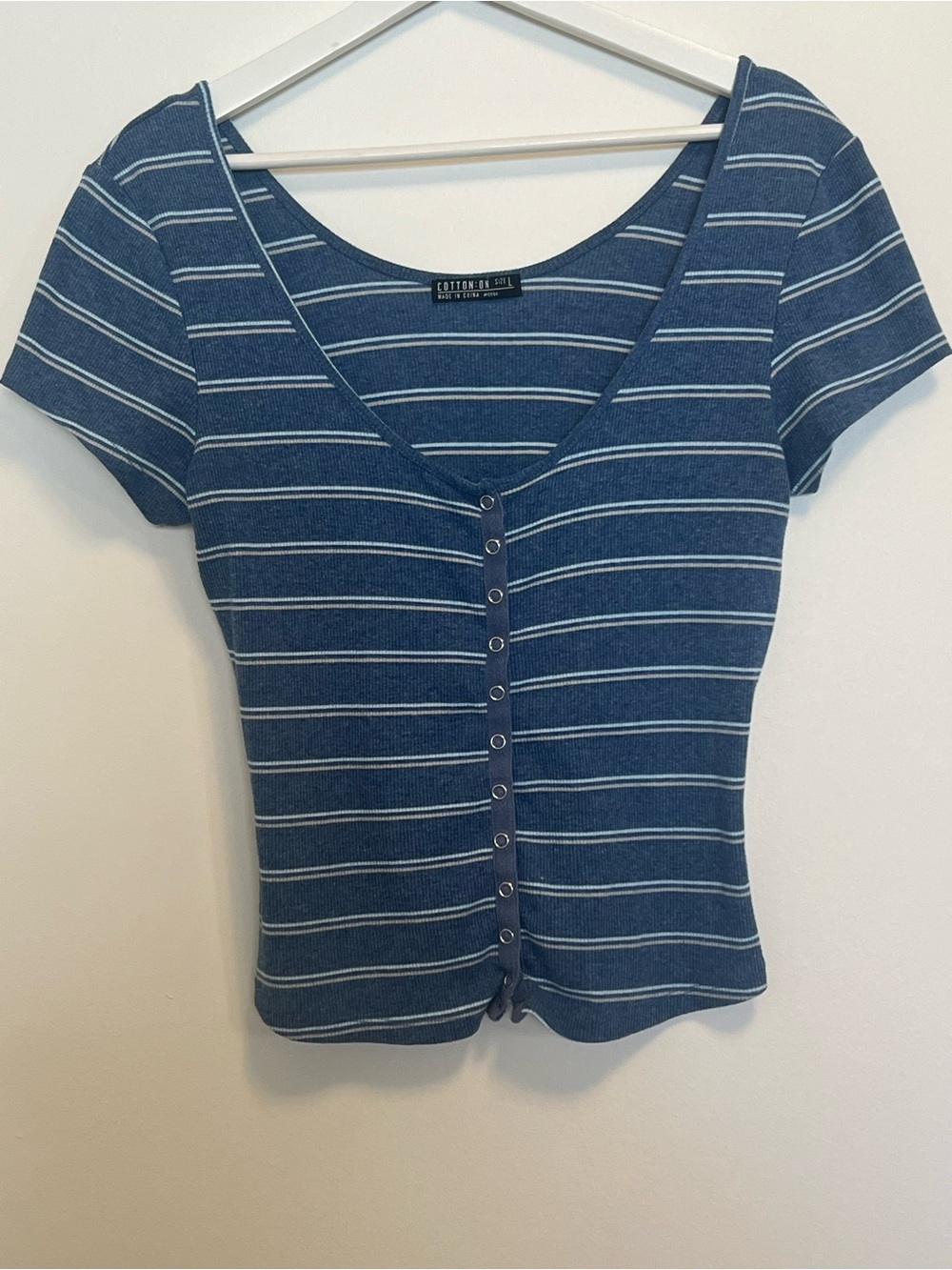 Cotton On Navy and White Striped Button-Front V-Neck Top